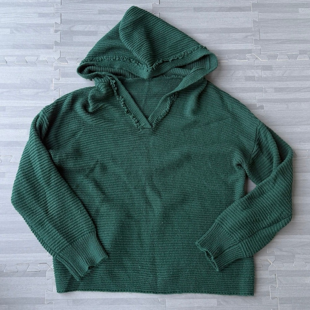 Green Knit Hooded Sweater V-Neck Pullover Boho Earthy Cozy